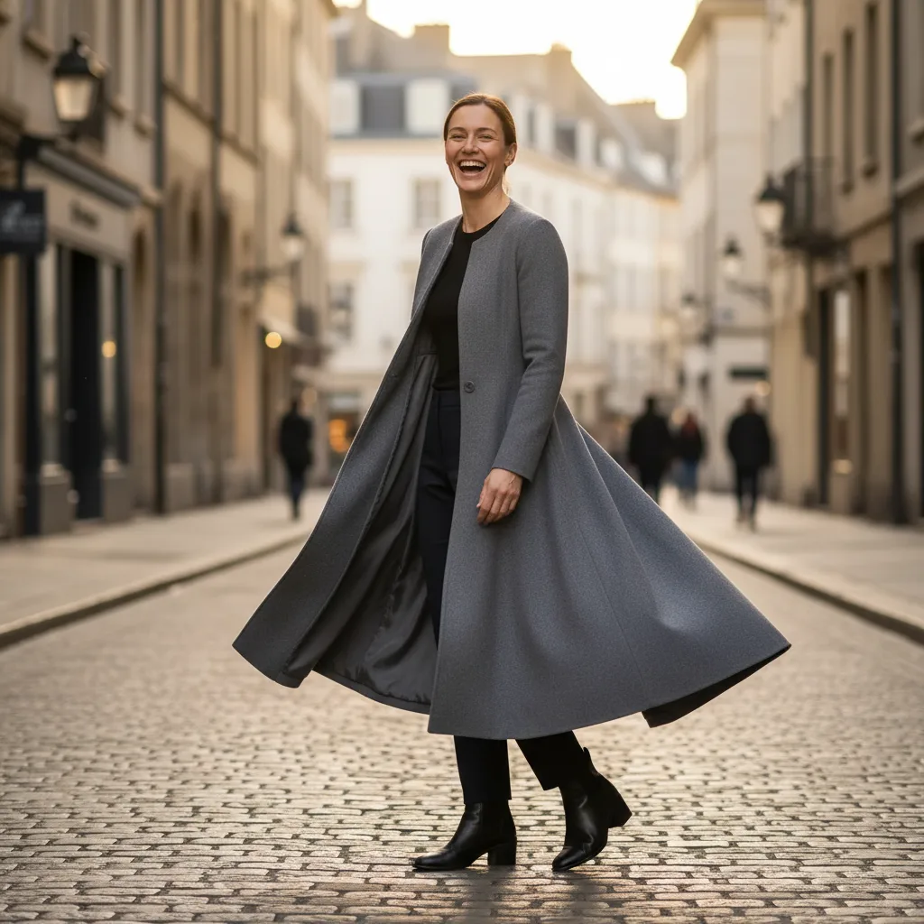 A-line coat without shoulder pads, flaring from the waist