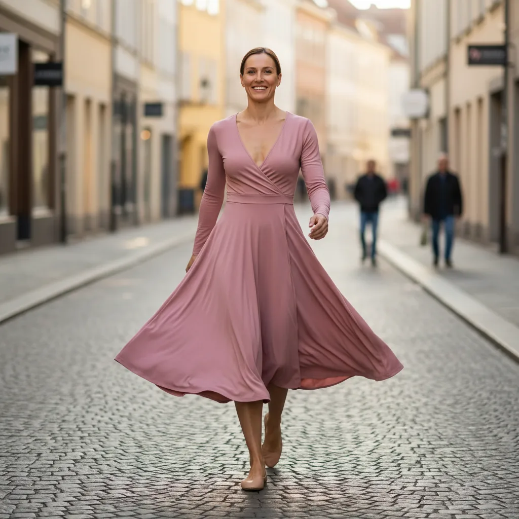 Wrap dress with a V-neckline and a flared skirt