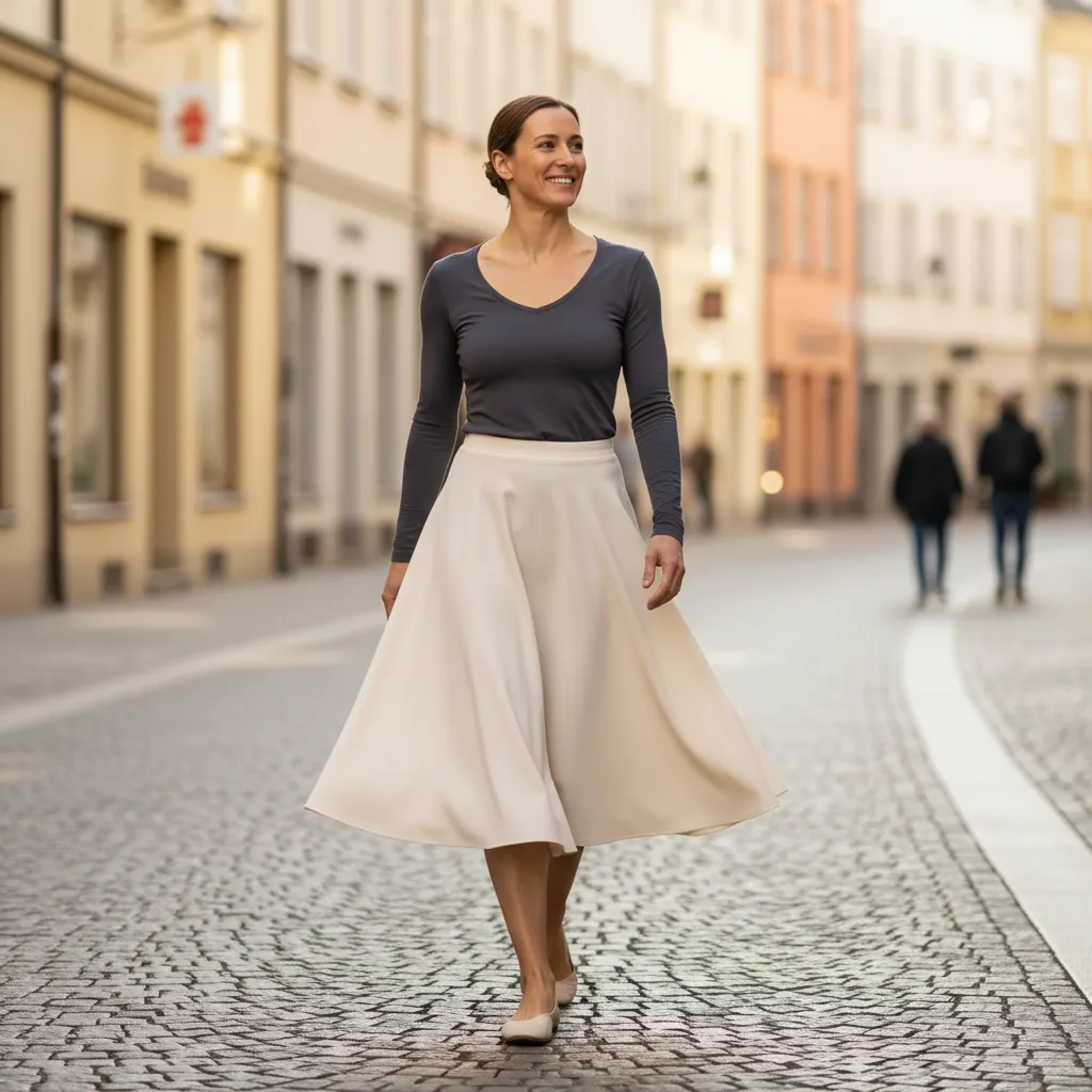 Simple dark top paired with a light A-line skirt