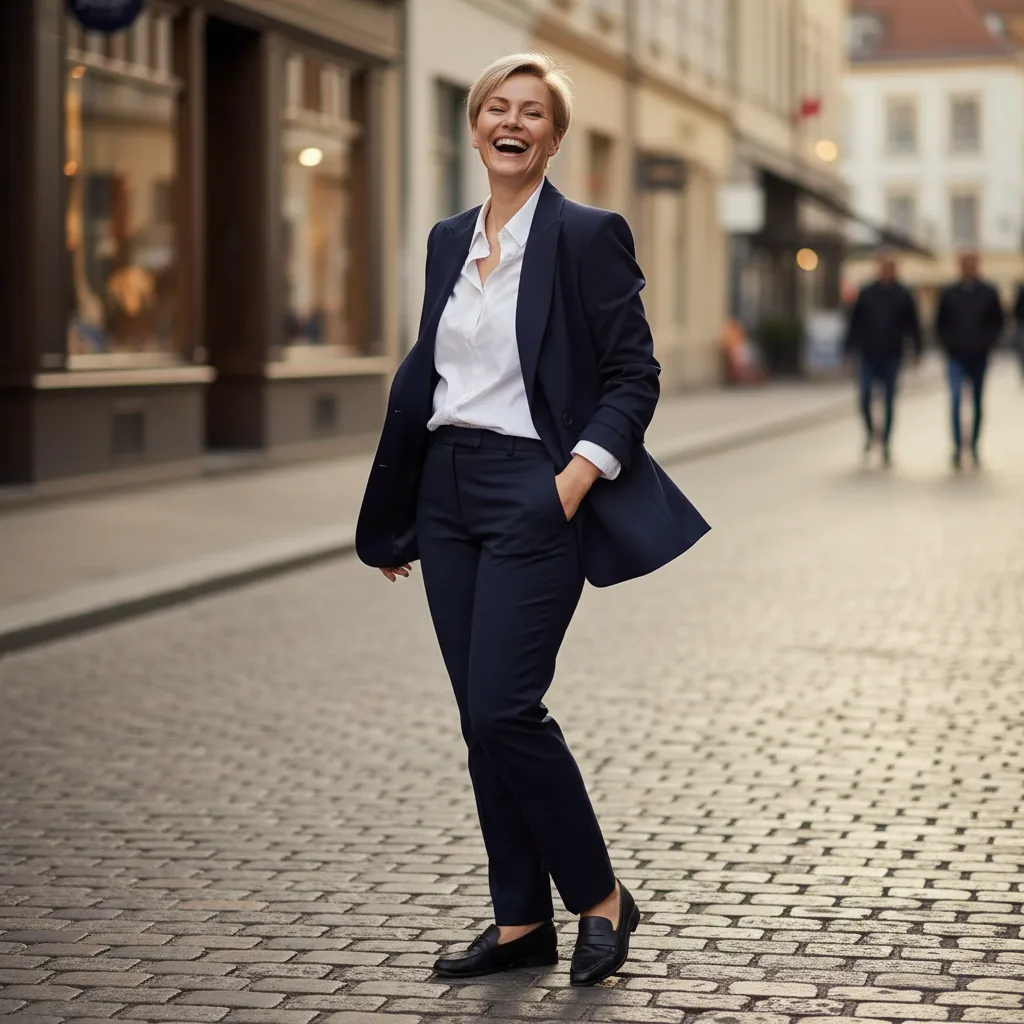 Structured blazer with defined shoulders over straight-leg pants