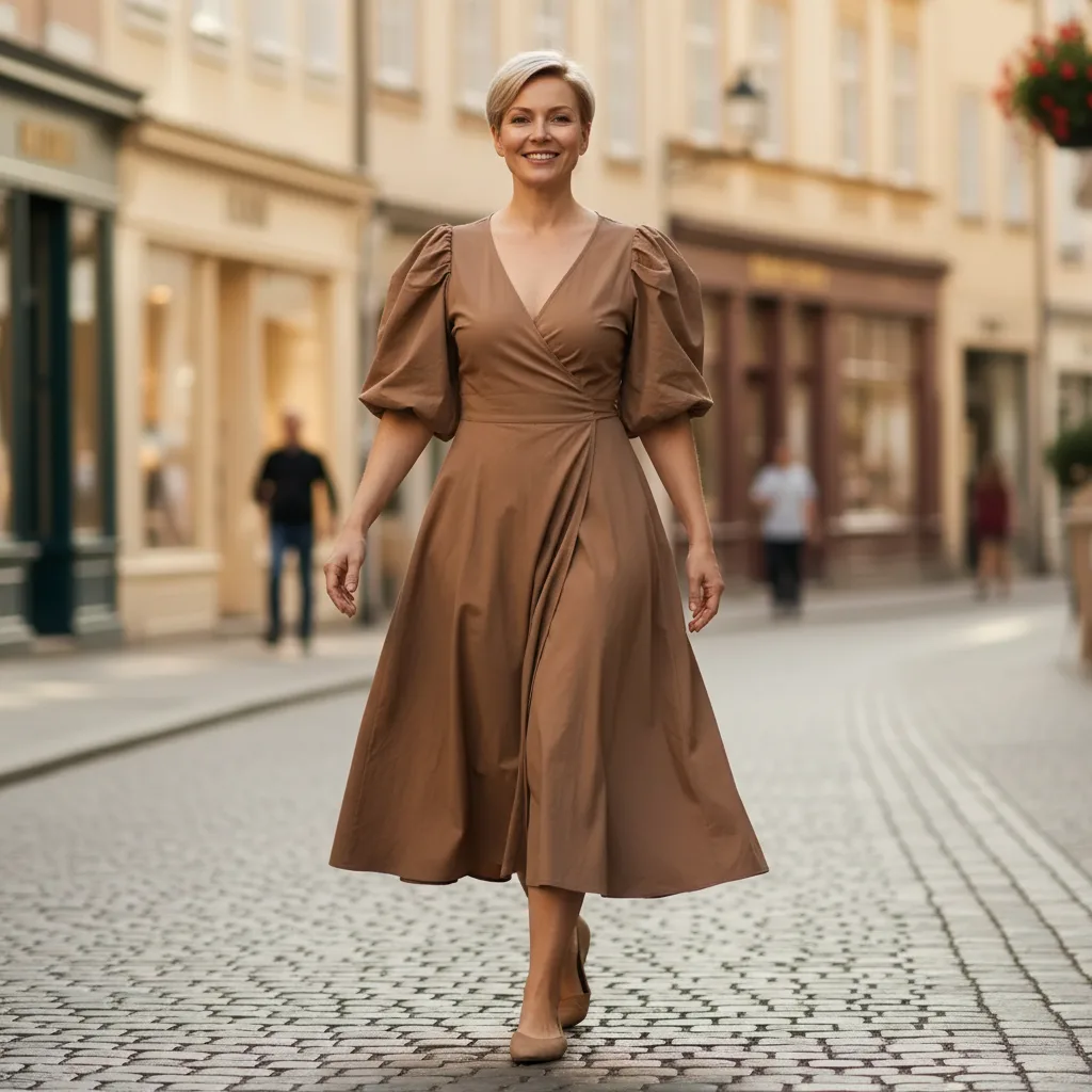Wrap dress with statement sleeves and an A-line flared skirt