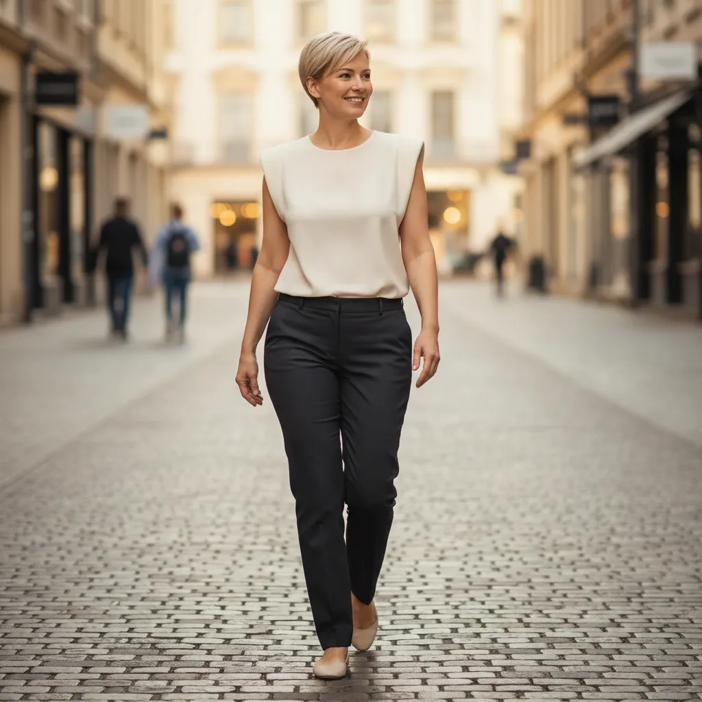 Light top with shoulder accents paired with dark straight-leg trousers