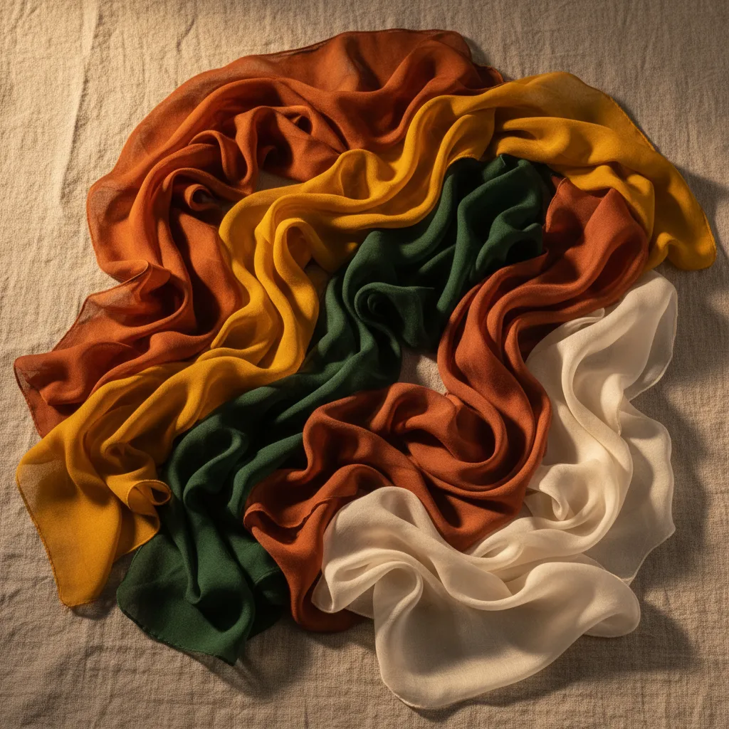 Warm earthy fabric swatches in rust, mustard, forest green, terracotta, and cream