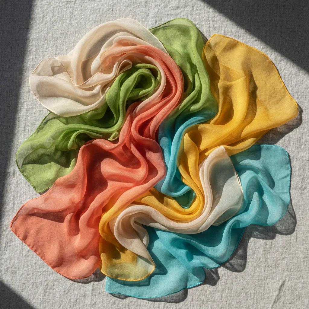 Warm, clear fabric swatches: coral, fresh green, warm turquoise, golden yellow, and cream