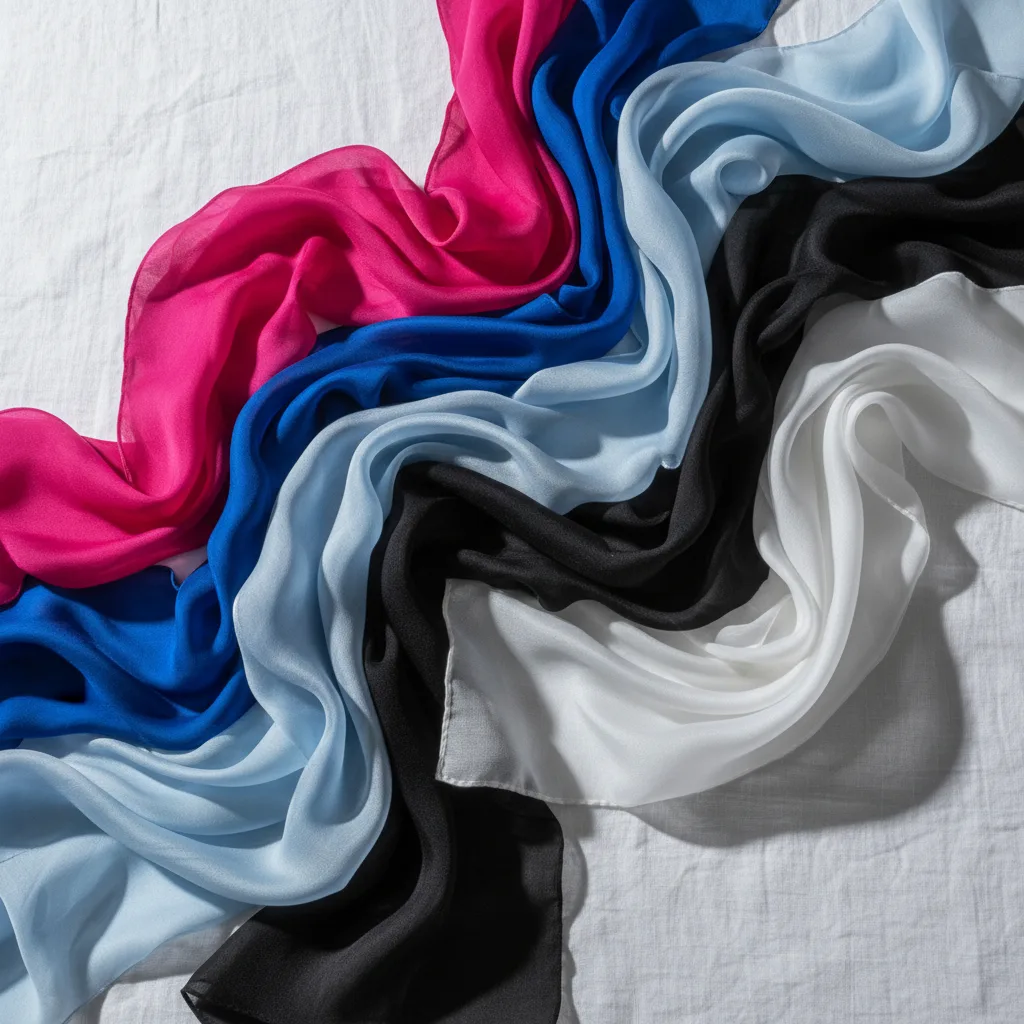 Cool, high-contrast fabric swatches including fuchsia, sapphire blue, icy blue, jet black, and pure white