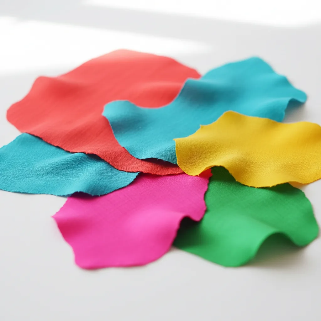 Vibrant warm fabric swatches: coral red, turquoise, sunny yellow, and green