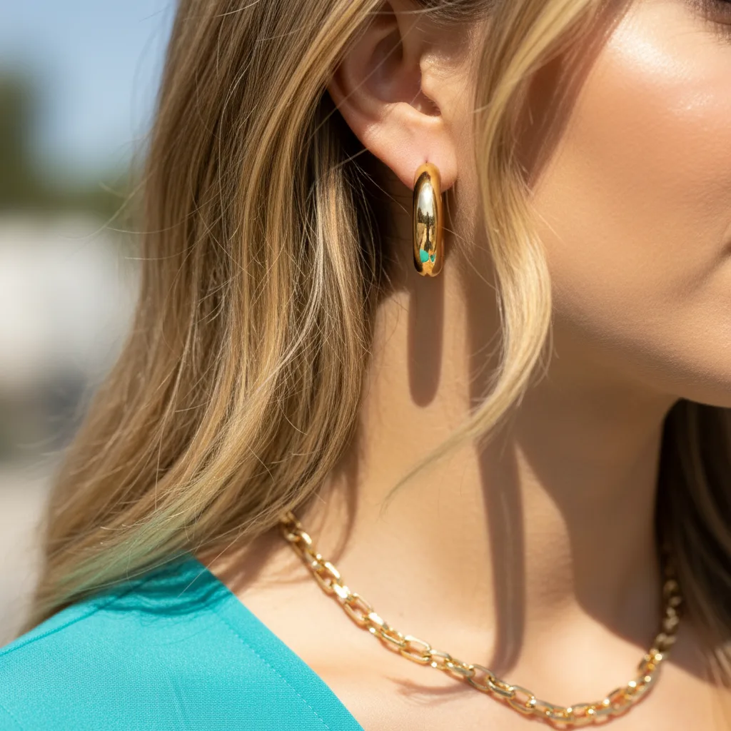 Polished yellow gold jewelry on a model with warm, clear skin