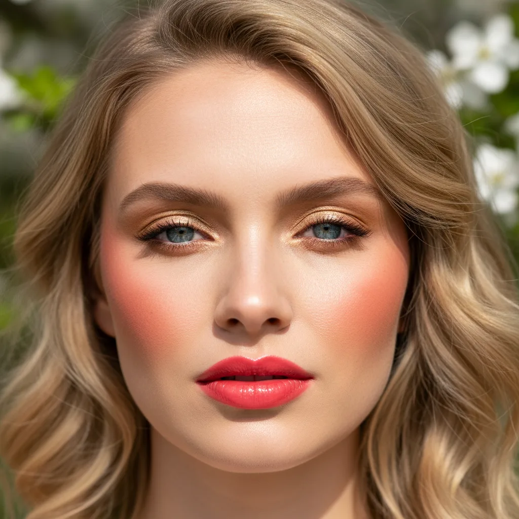 Bright Spring makeup: coral lips, golden eyeshadow, and defined warm eyeliner