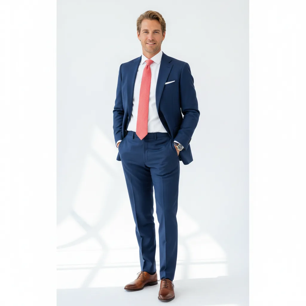 Men's Bright Spring outfit: bright navy suit, crisp white shirt, and coral tie