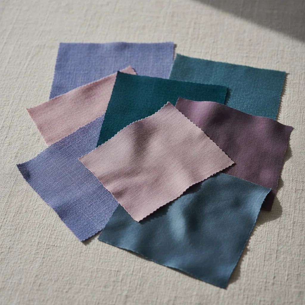 Cool fabric swatches: periwinkle, raspberry, smoky turquoise, and plum