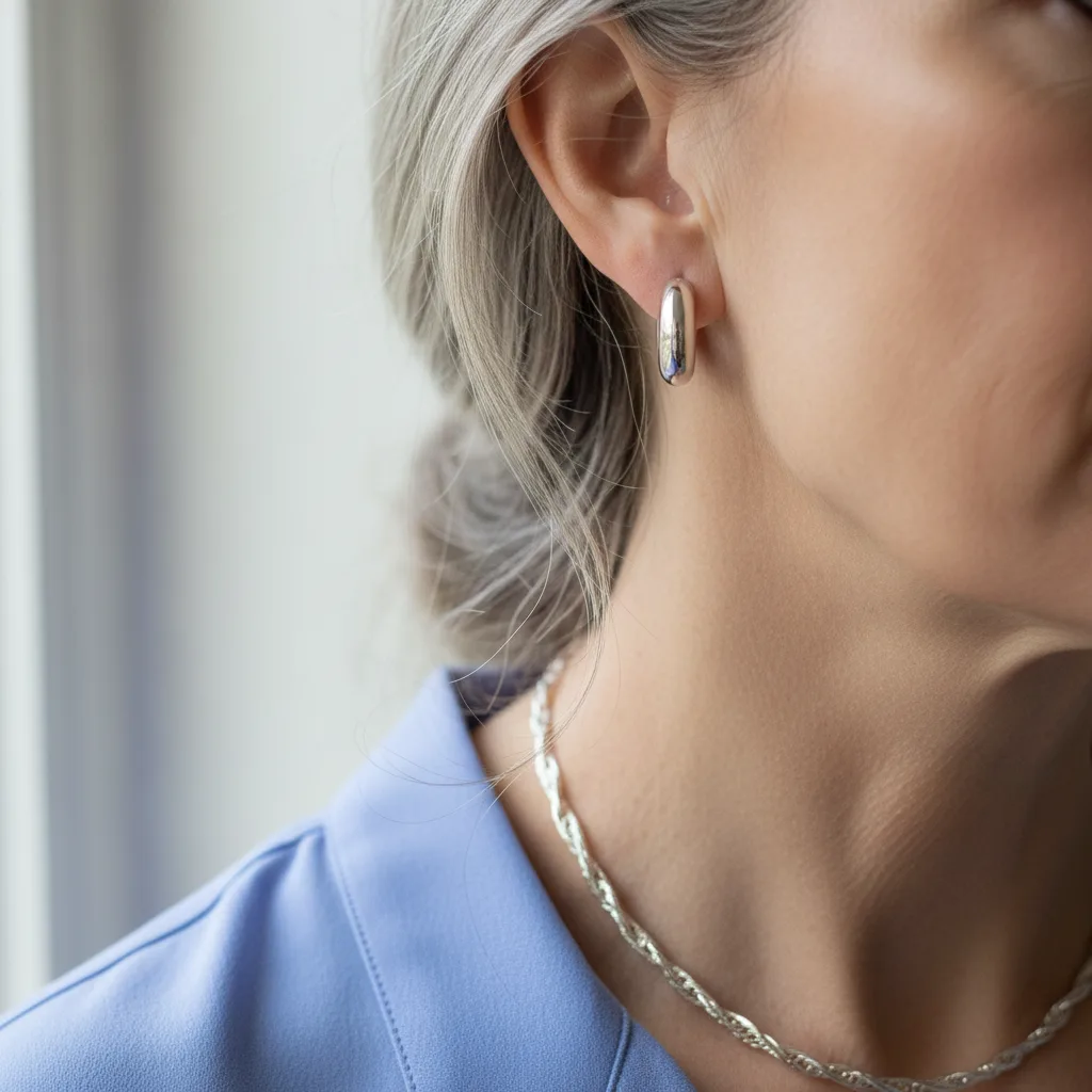 Silver and platinum jewelry on a model with cool skin and ash-toned hair