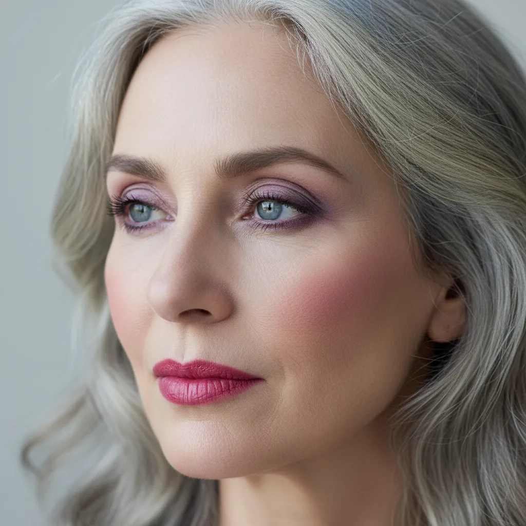 Cool Summer makeup look: raspberry lips, plum eyeshadow, and cool pink blush