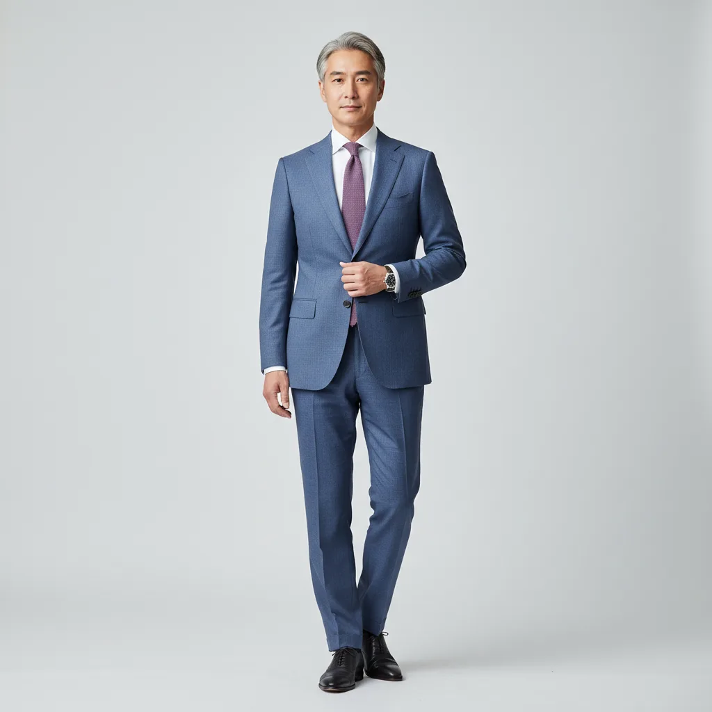 Cool Summer menswear outfit: slate blue suit, crisp white shirt, and plum tie