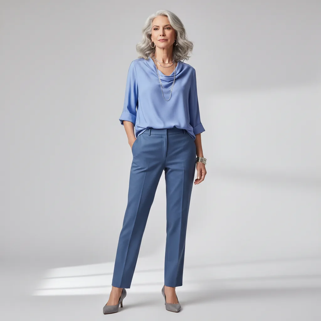 Full Cool Summer outfit: periwinkle blouse, slate blue trousers, and grey pumps
