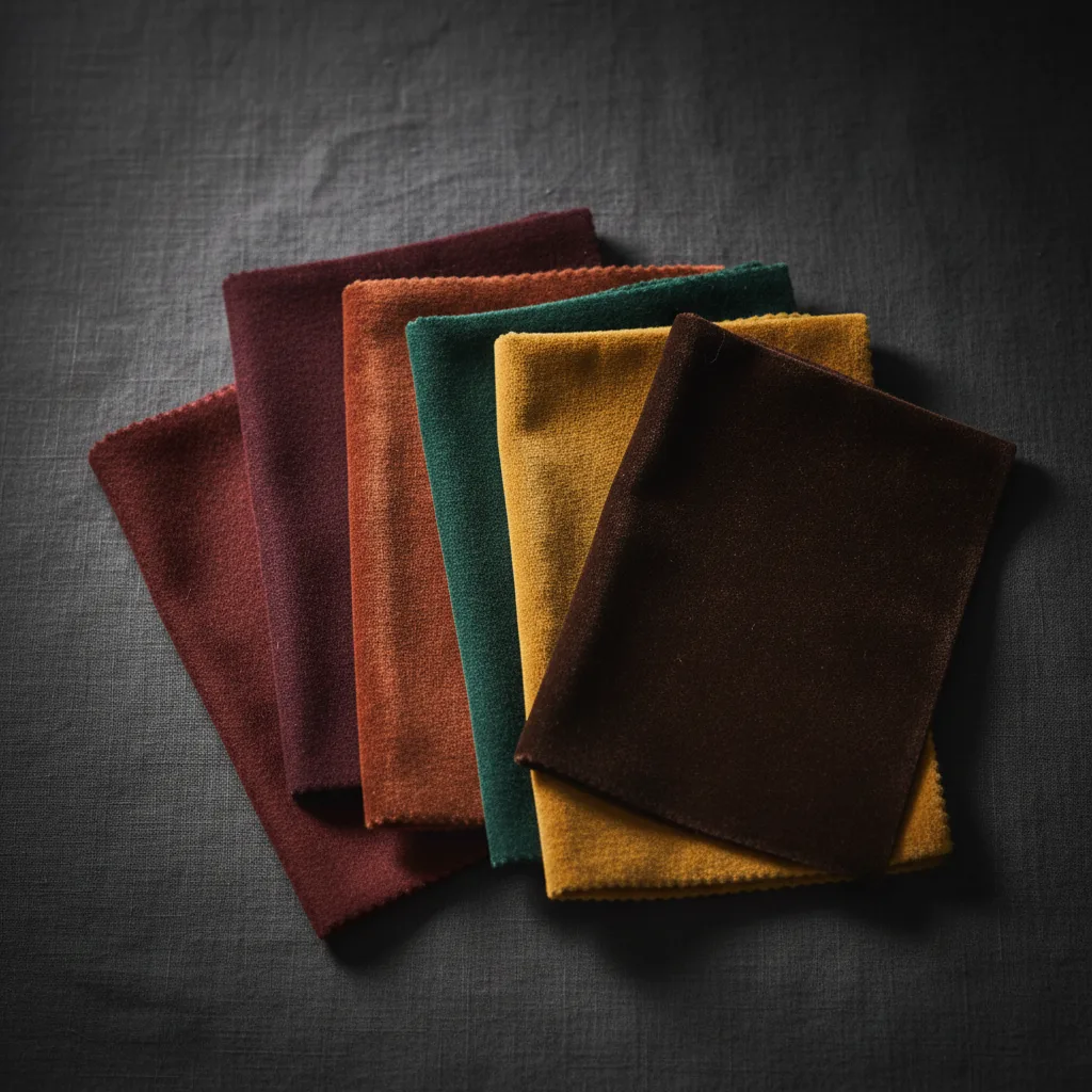 Rich warm fabric swatches: burgundy, rust, forest green, chocolate brown