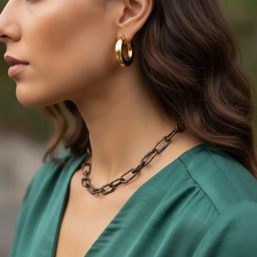Antique gold and bronze jewelry on a model with a warm olive skin tone