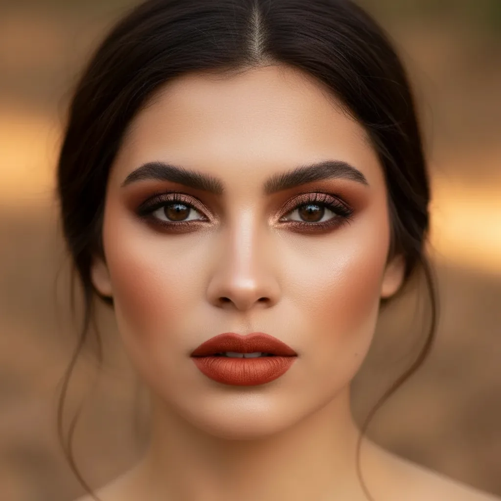 Deep Autumn makeup: brick red lipstick, bronze eyeshadow, warm blush