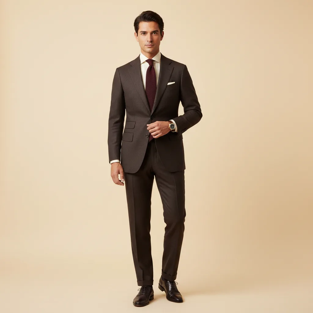 Men's Deep Autumn outfit: chocolate brown suit, cream dress shirt, burgundy knit tie