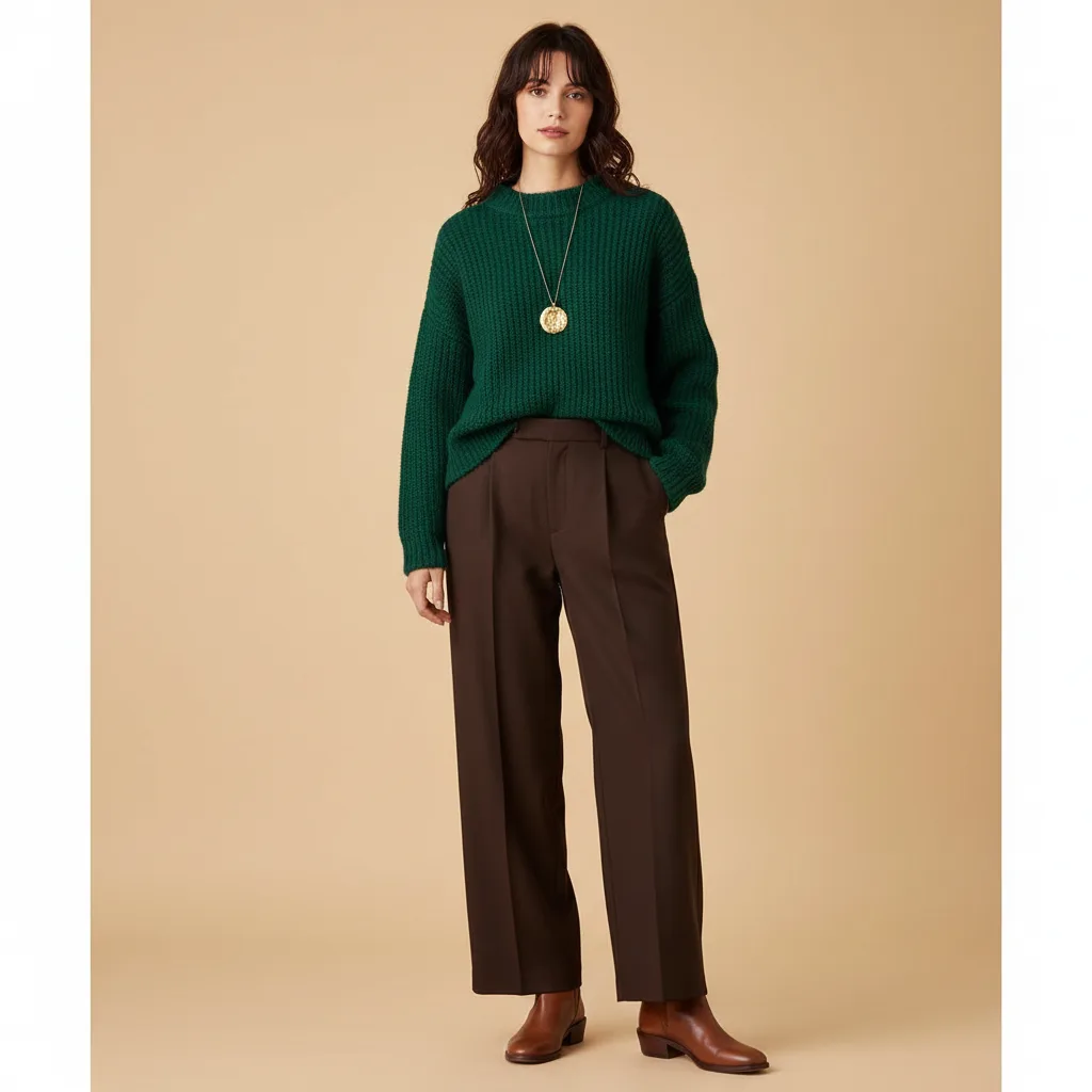 Full Deep Autumn outfit: dark green knit sweater, chocolate trousers, cognac boots