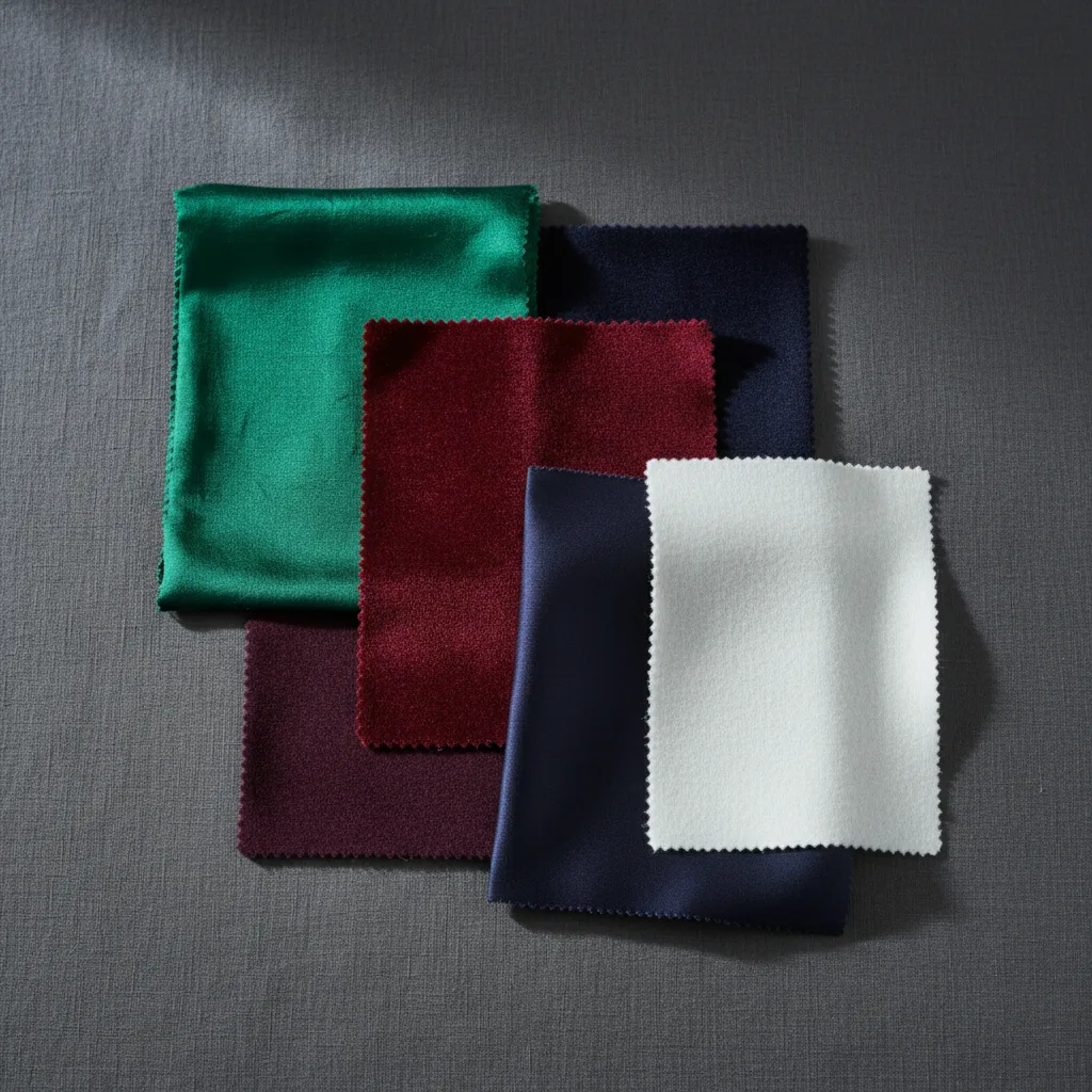 Saturated cool fabric swatches: emerald, wine, plum, midnight blue, pure white