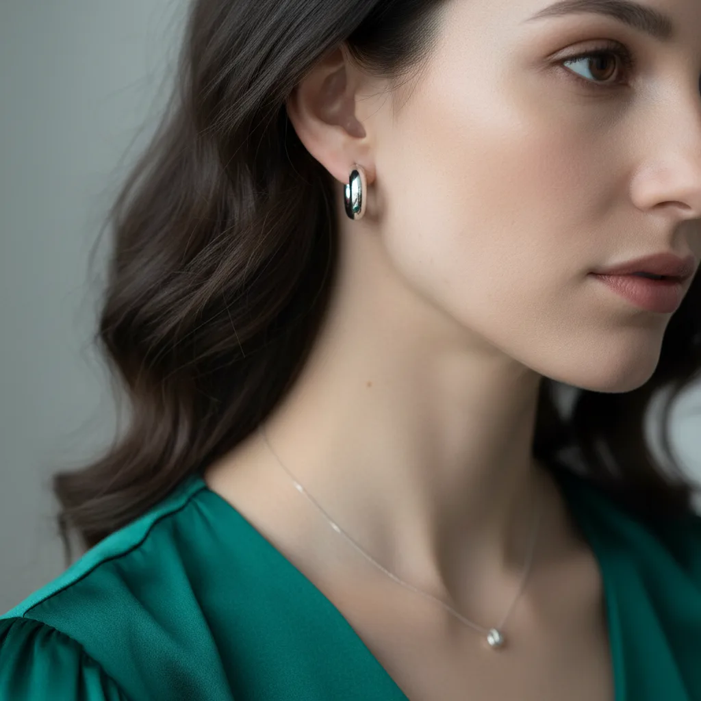 Polished silver jewelry styled on a model with a cool skin tone