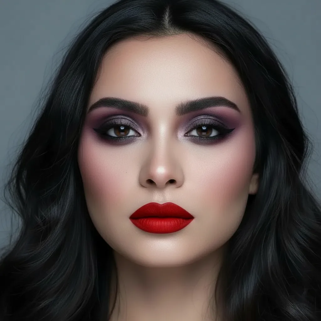 Deep Winter makeup look: bold red lip, sharp black wing liner, cool eye tones