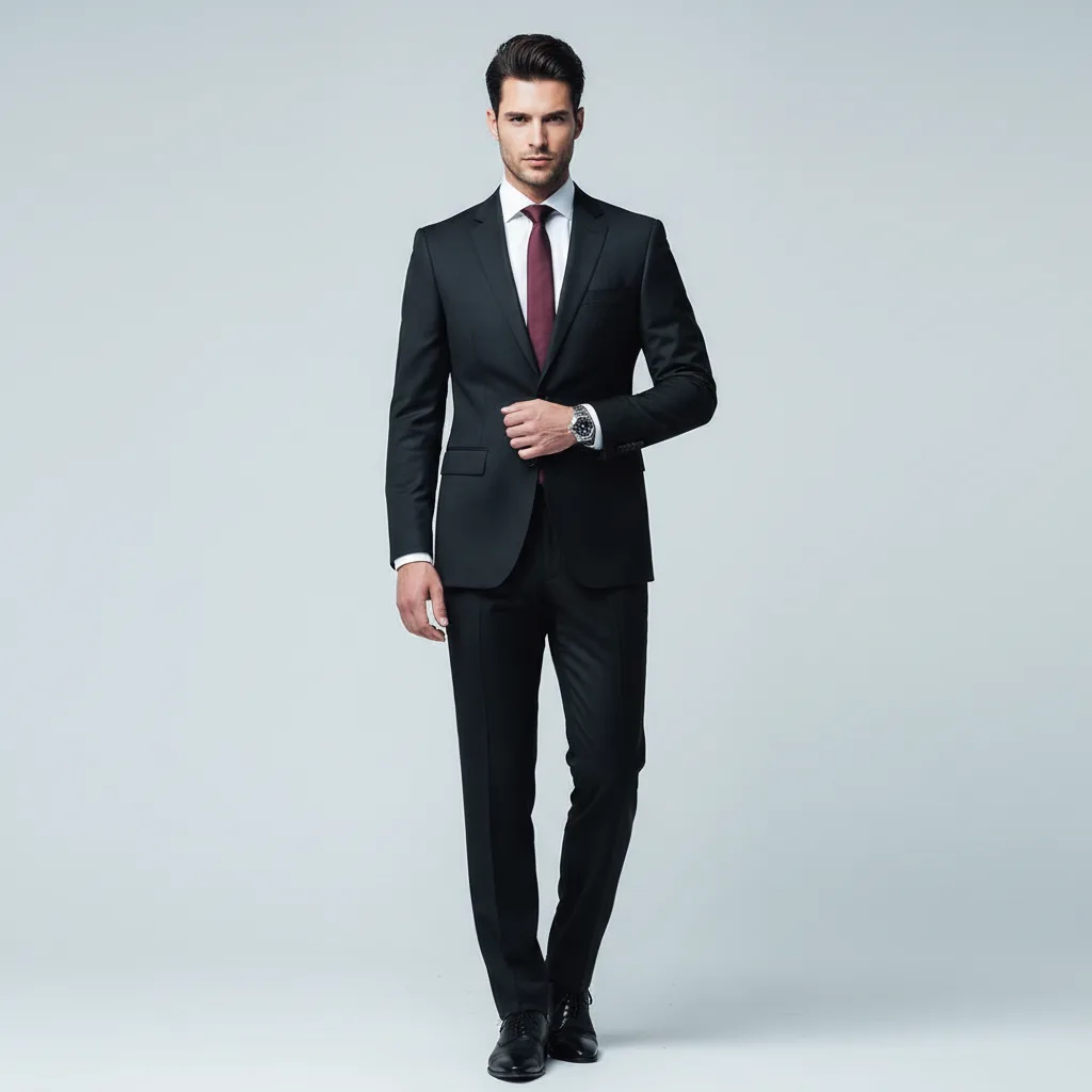 Men's Deep Winter outfit: dark tailored suit, white dress shirt, wine-red tie