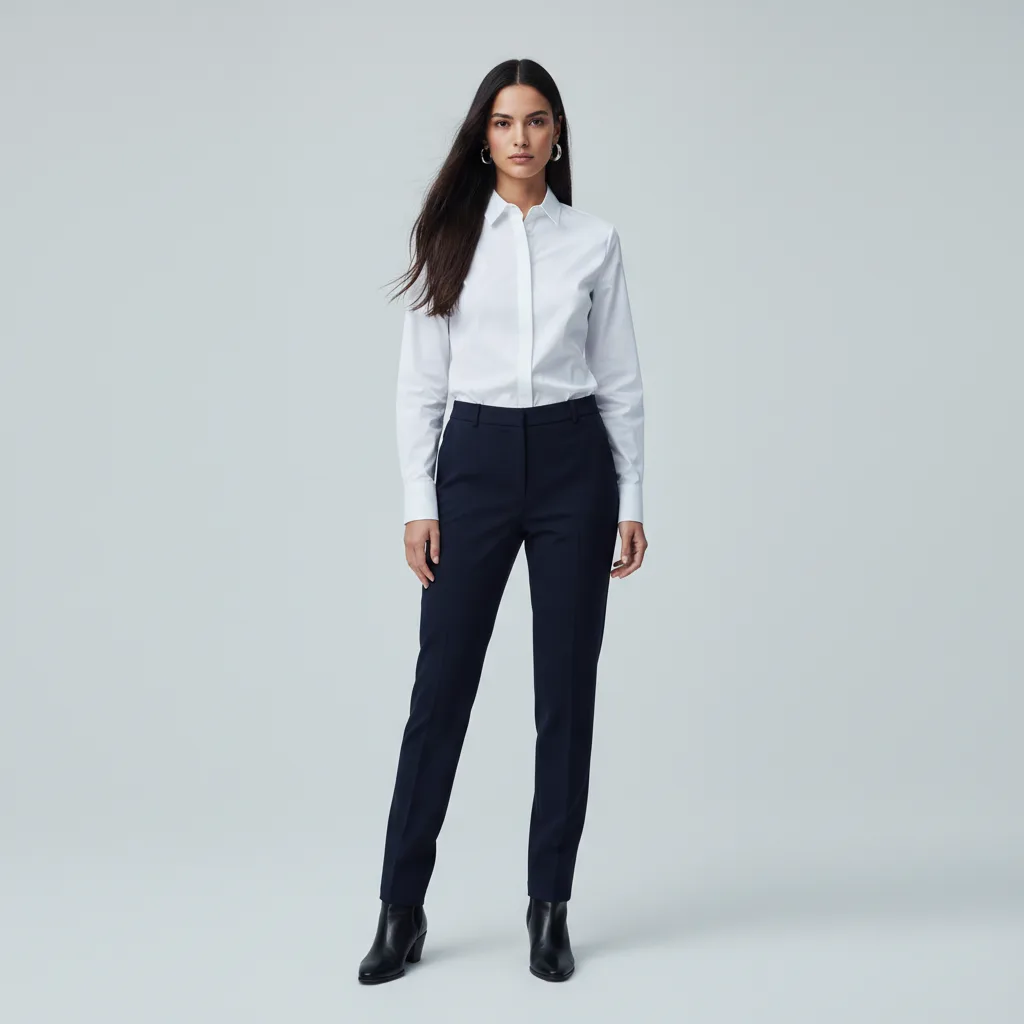 Complete Deep Winter outfit: crisp white shirt, navy tailored trousers, black shoes