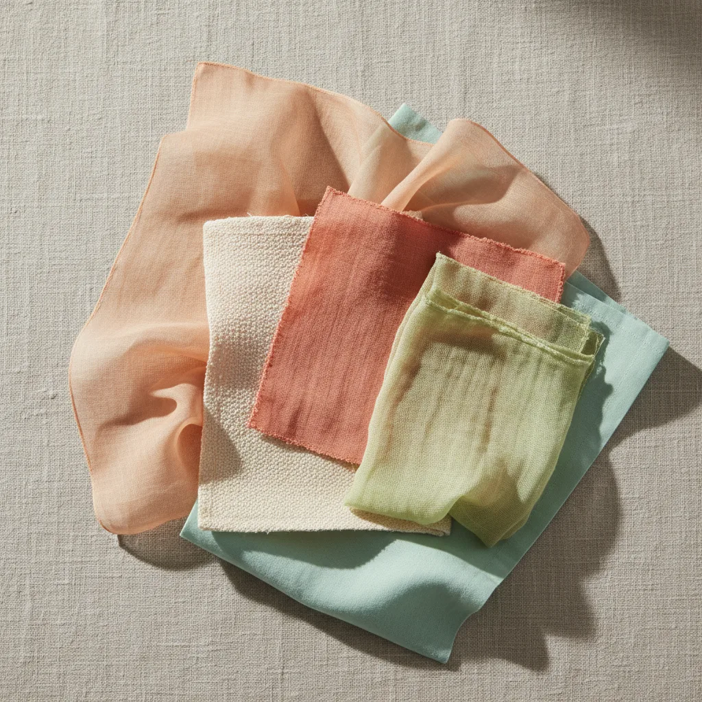 Light, warm fabric swatches: peach, cream, coral, apple green
