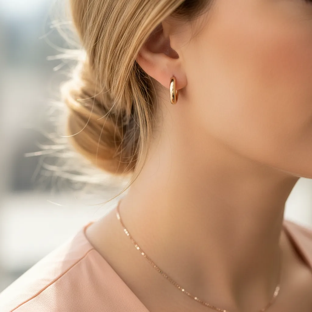 Light yellow gold jewelry on a model with warm light skin