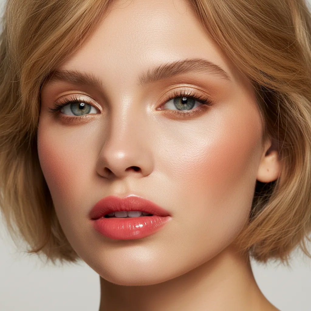 Light Spring makeup: peach blush, coral lipstick, champagne eyeshadow