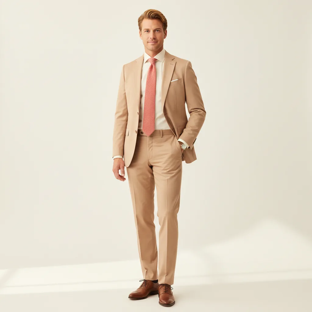 Men's outfit: light beige suit, cream dress shirt, coral silk tie