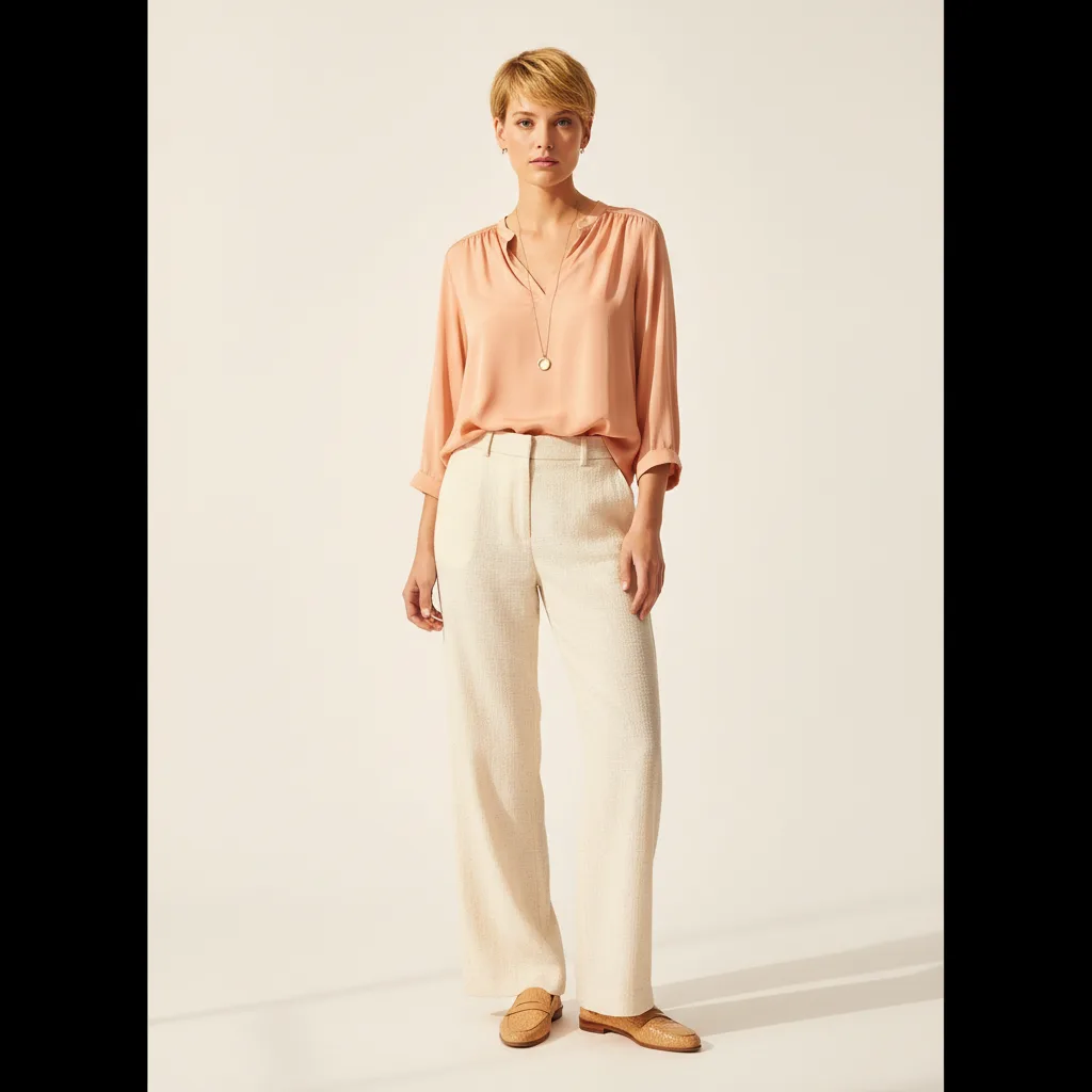 Light Spring outfit: peach silk blouse, cream tailored trousers, tan loafers