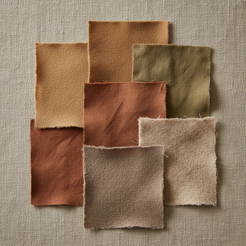 Muted warm fabric swatches: camel, olive, terracotta, oatmeal