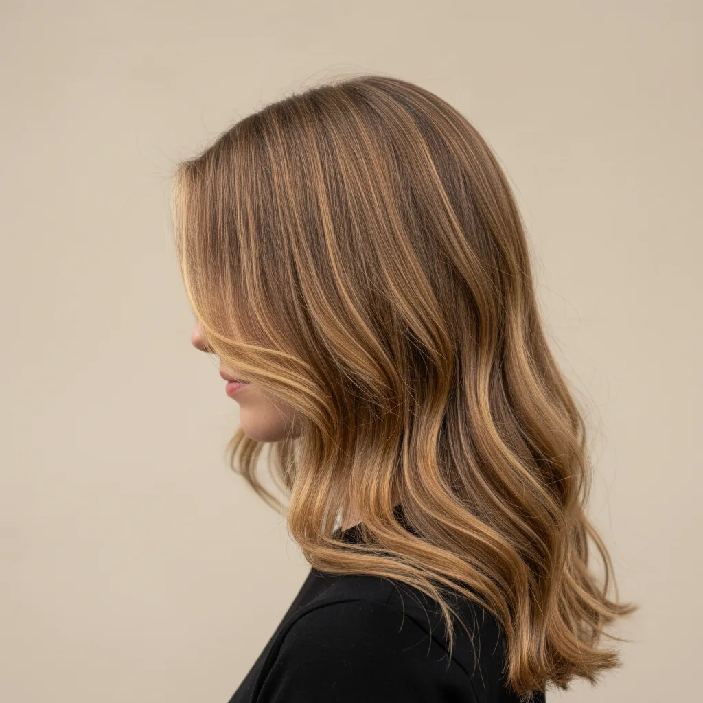 Golden chestnut hair with soft honey balayage highlights