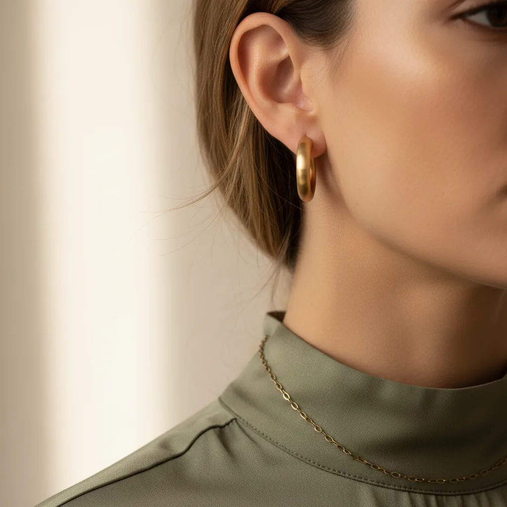 Matte gold earrings and delicate chain necklace on a model with warm undertones
