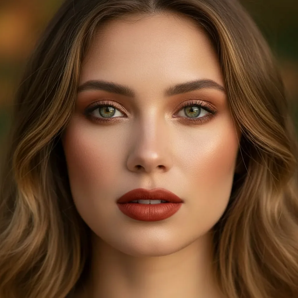 Soft Autumn makeup: terracotta blush, muted brick lips, and soft smudged brown eyeliner