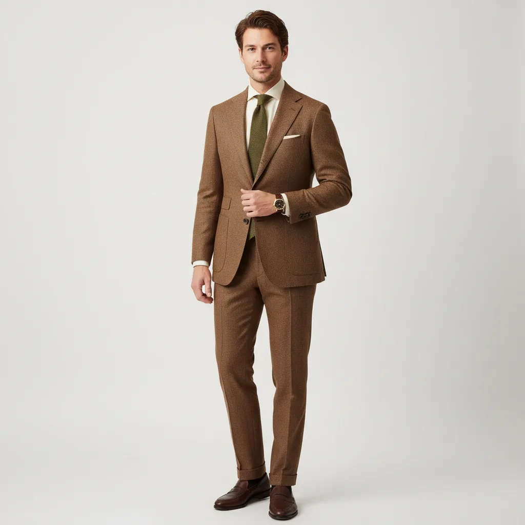 Complete menswear look: warm brown tailored suit, cream shirt, and olive knit tie