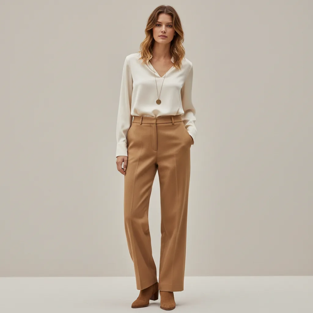 Complete tonal Soft Autumn outfit: cream blouse, camel trousers, and brown suede boots