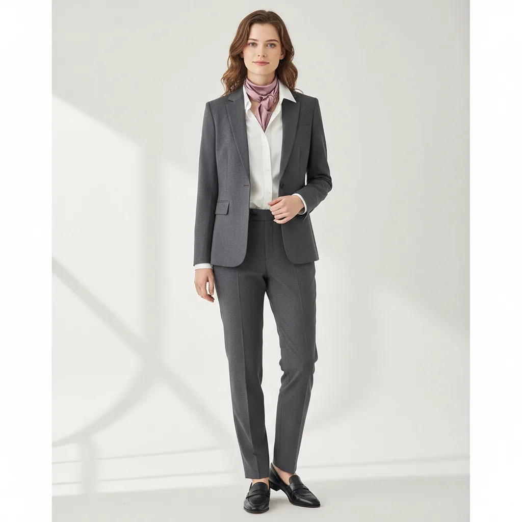A charcoal suit worn instead of black, with a dusty mauve scarf near the face
