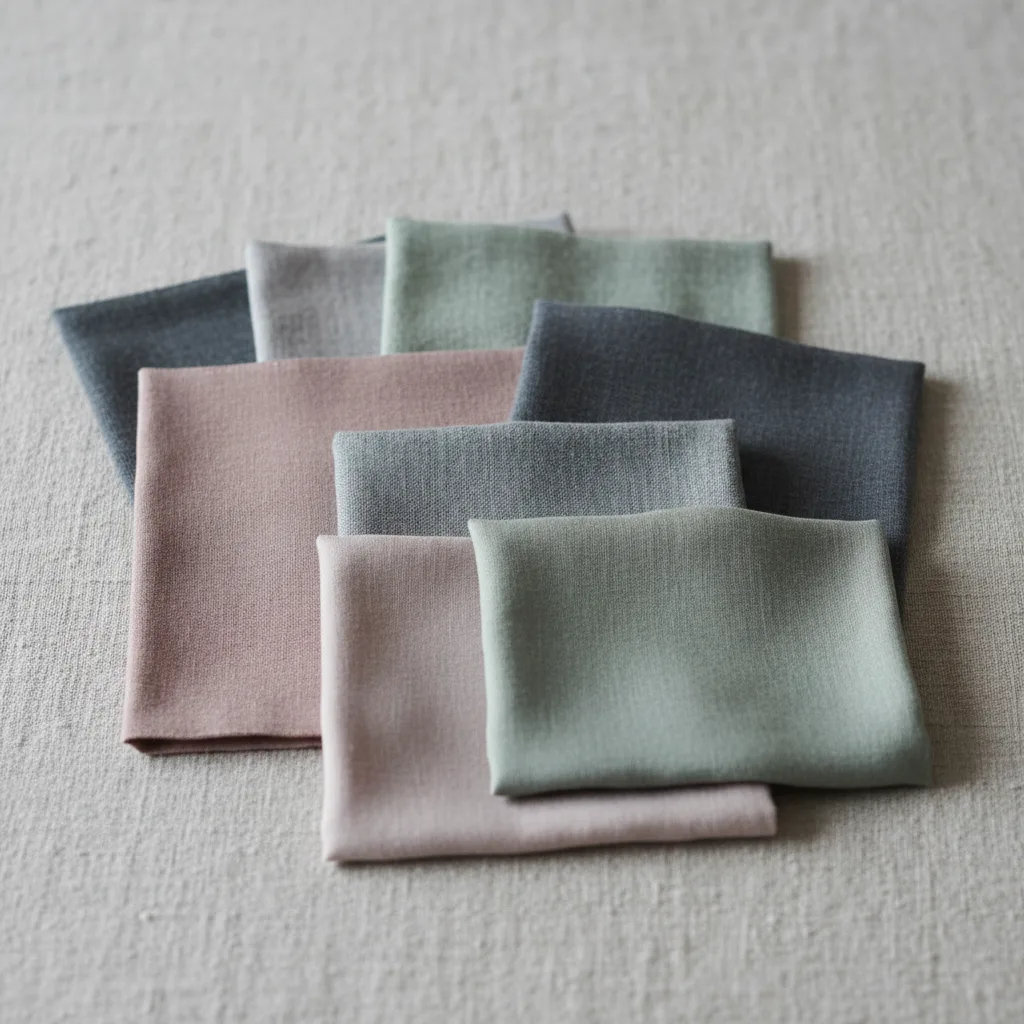 Muted cool-toned fabric swatches in dusty rose, sage and slate grey on linen