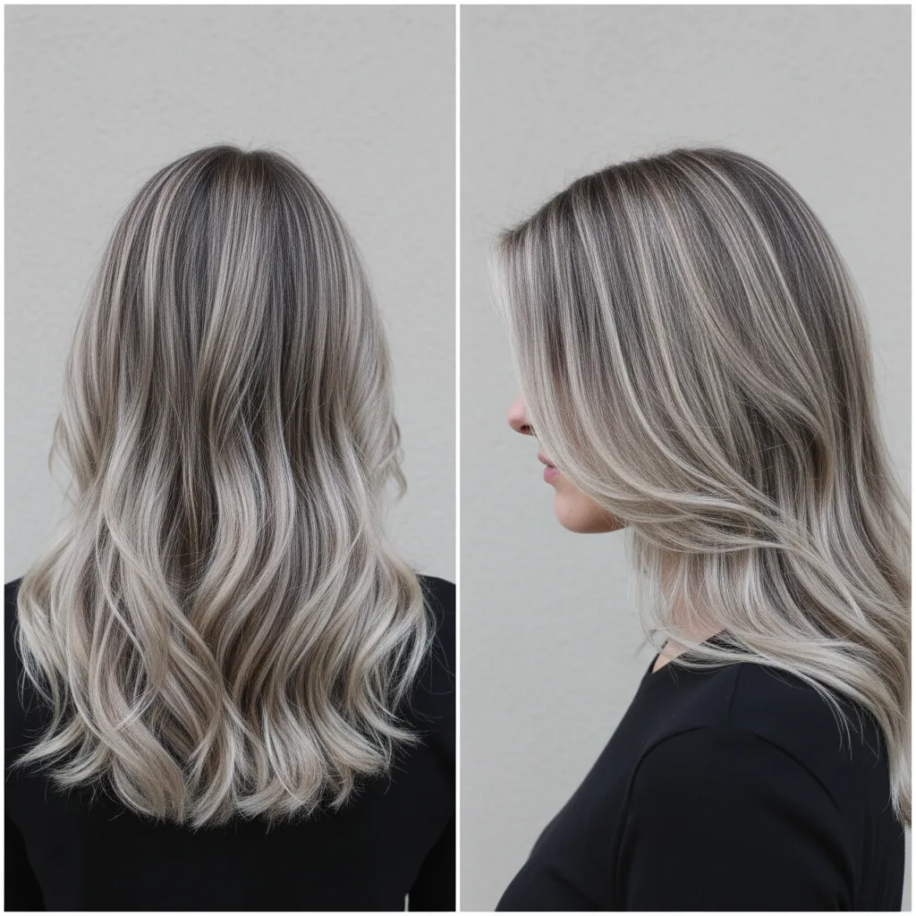 Ash brown hair with cool mushroom blonde balayage