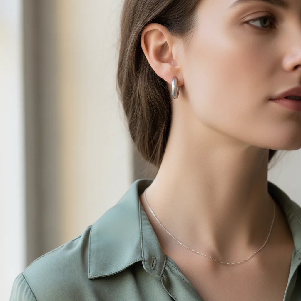 Brushed silver hoop and fine chain worn by a model with cool-toned skin