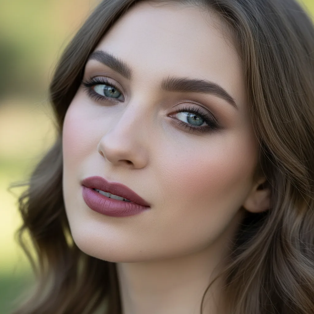 Soft Summer makeup: dusty rose blush, berry lip, smudged charcoal liner