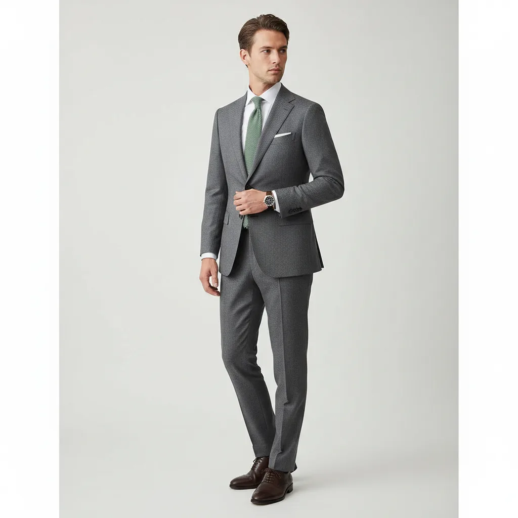 Full-length menswear look: graphite suit, soft white shirt, knitted sage tie