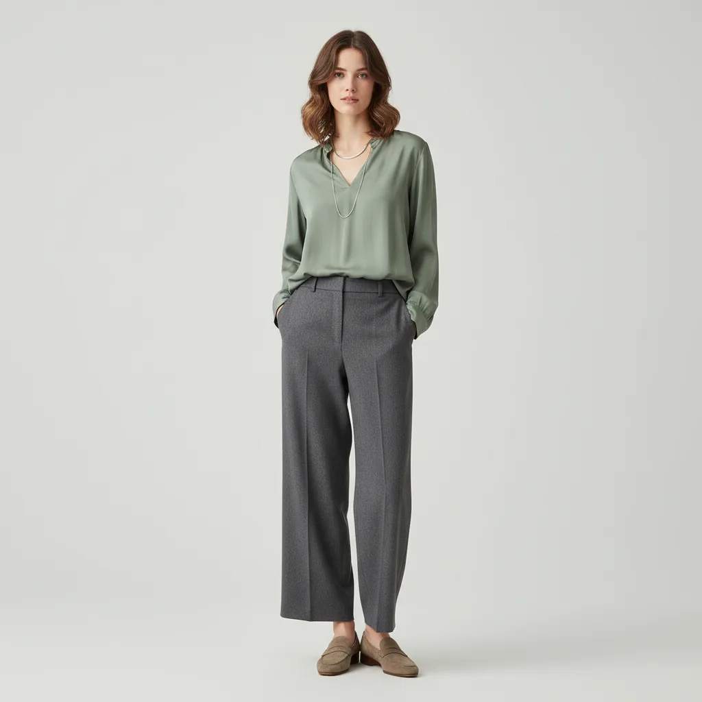 Full-length tonal outfit: sage blouse, charcoal trousers, taupe loafers