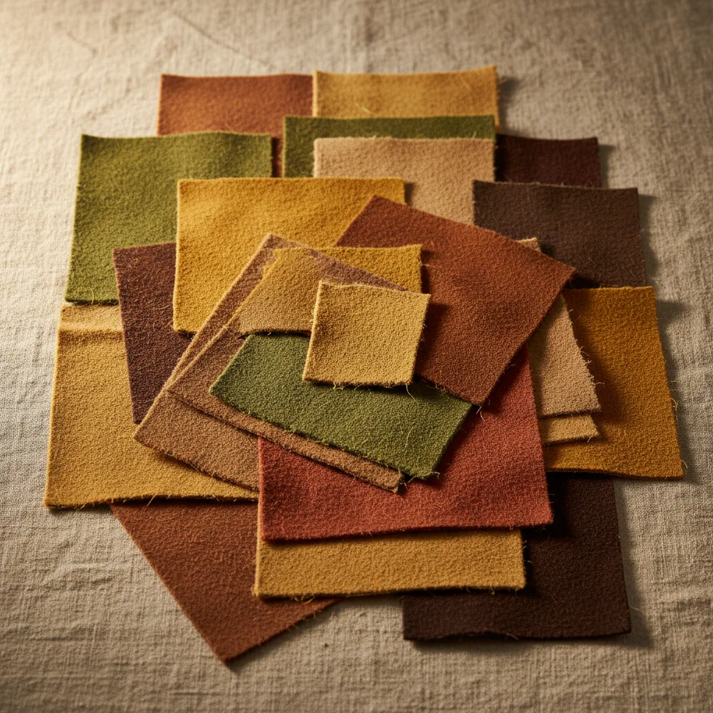 Warm golden fabric swatches: moss green, golden brown, brick red, and camel