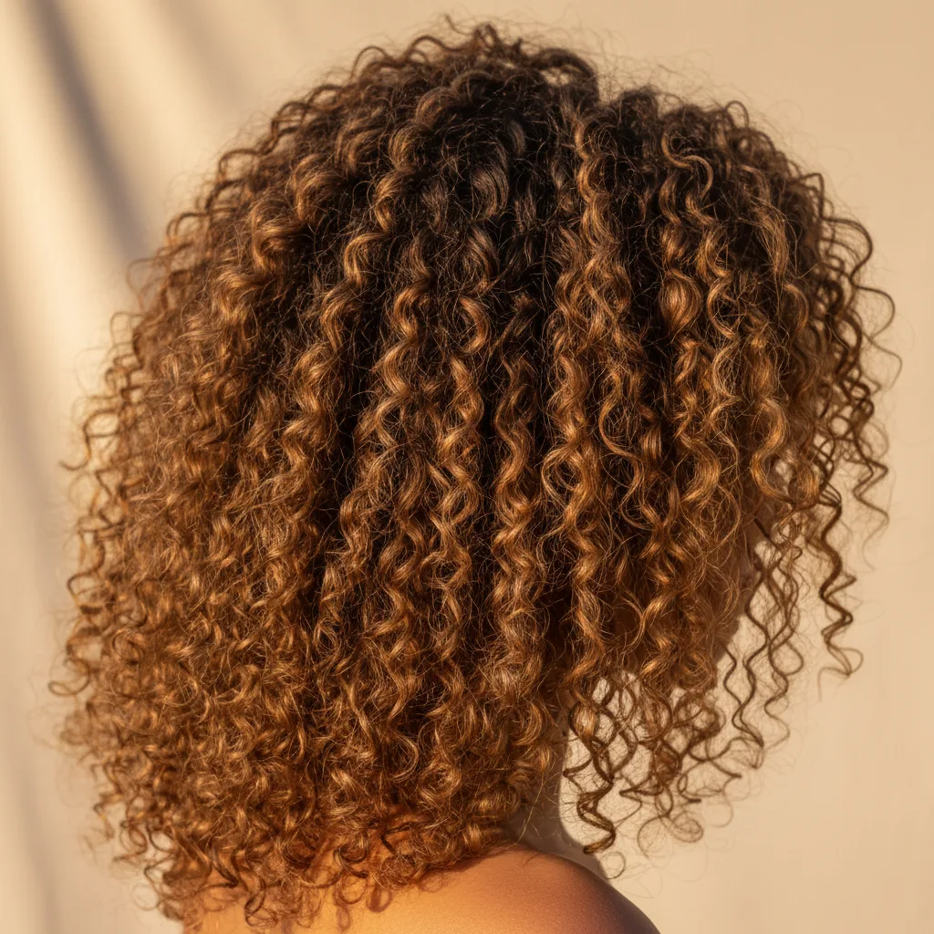 Warm golden-chestnut curls with caramel highlights