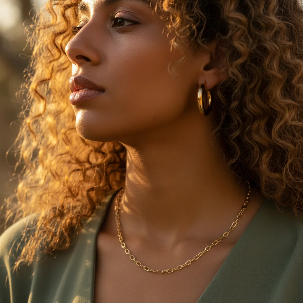 Warm gold jewelry on a model with golden warm skin