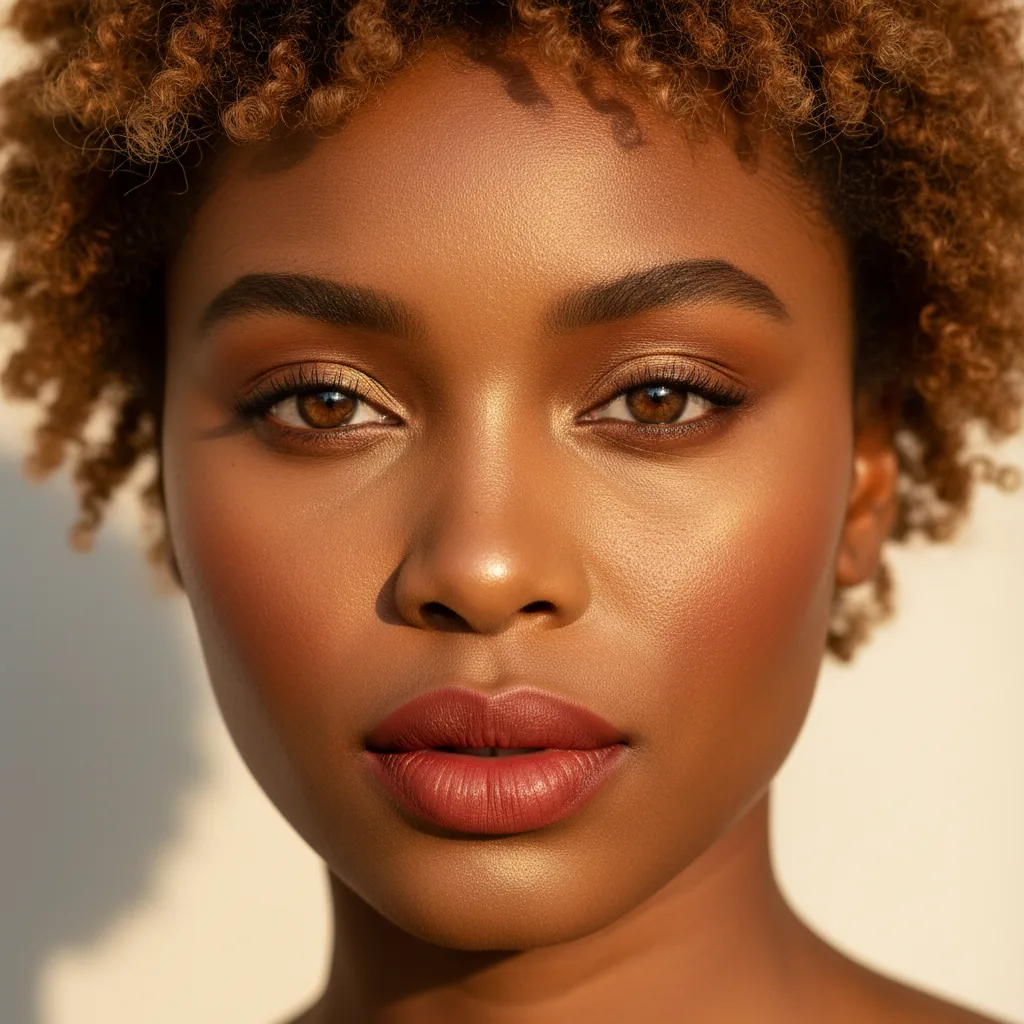 True Autumn makeup look: brick red lipstick, bronze eyeshadow, and warm blush